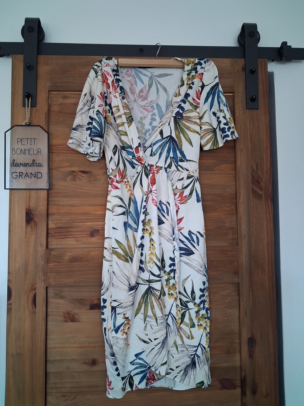 Zara White Floral Wrap Dress with Blue, Green & Red Leaves